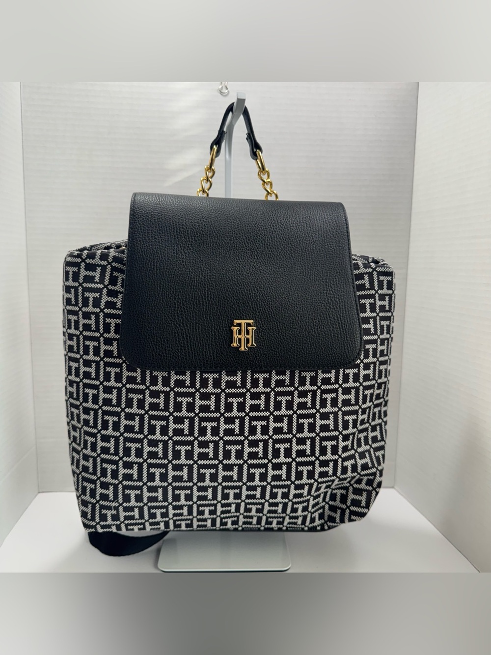 Tommy Hilfiger Monogram Jacquard Flap Backpack Gold-Tone Hardware, Black & White